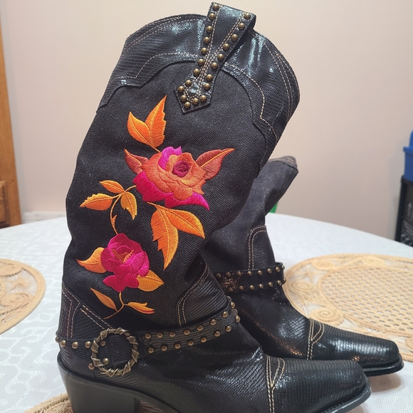 J Renee Shoes - J.Renee Black Heeled Boots with Pink & Orange Floral Embroidery